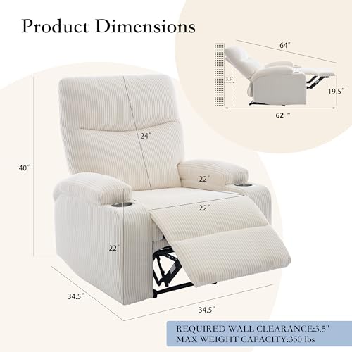 White Recliner Chair, Manual Sofa-3 Comfortable Seating Positions, Ideal for Living Room and Home Theater, Oversized Rec