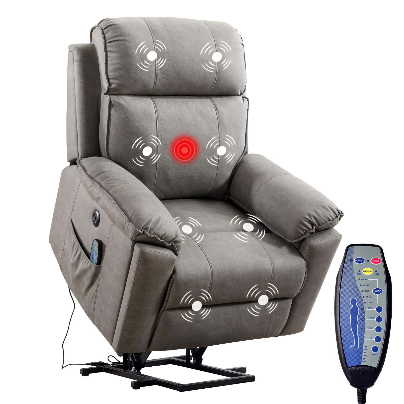 Phoenix Home Power Lift Chair with Massage and Heat for Elderly Recliner - Comfort, Support, Relaxation - Green Grey