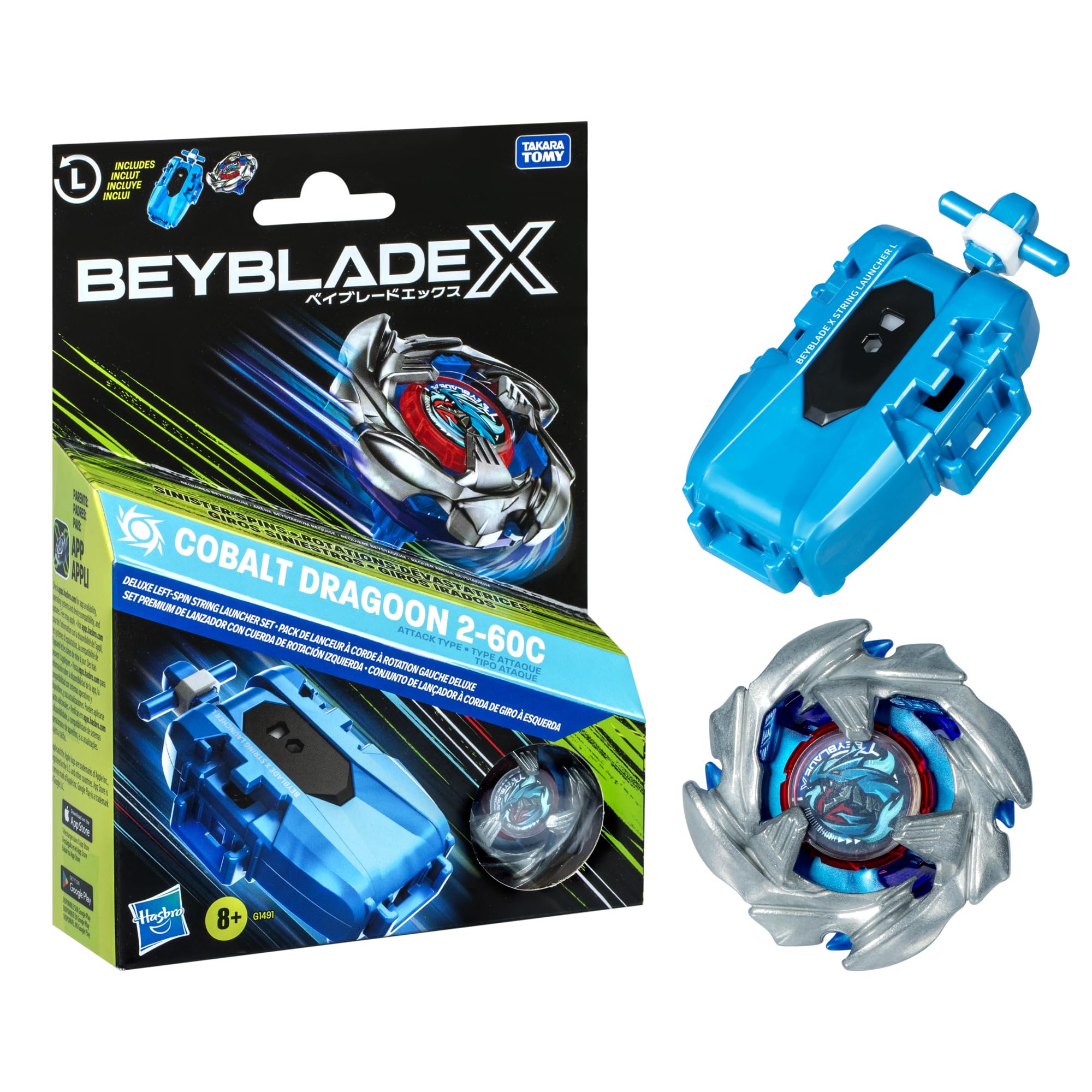 BEYBLADE Cobalt Dragoon 2-60C Deluxe Left-Spin String Launcher Set; Great Gift for 8 Year Old Boys and Girls; Attack Typ